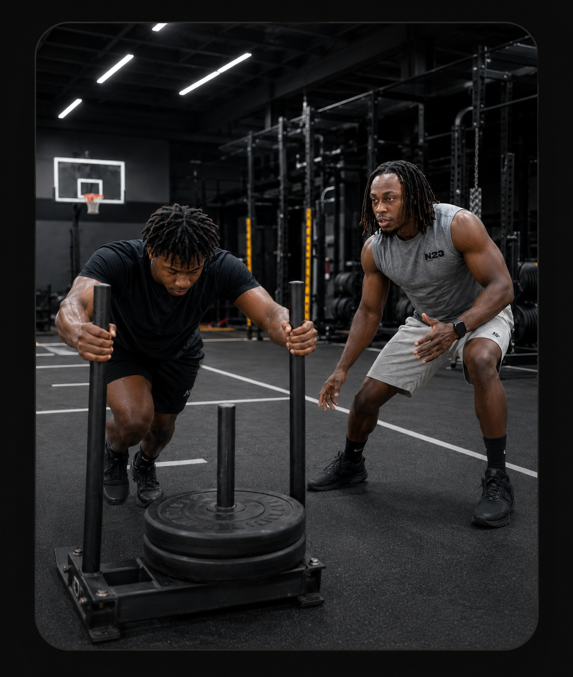 Ngila Odari coaching an athlete through sled work at Need 2 Overcome