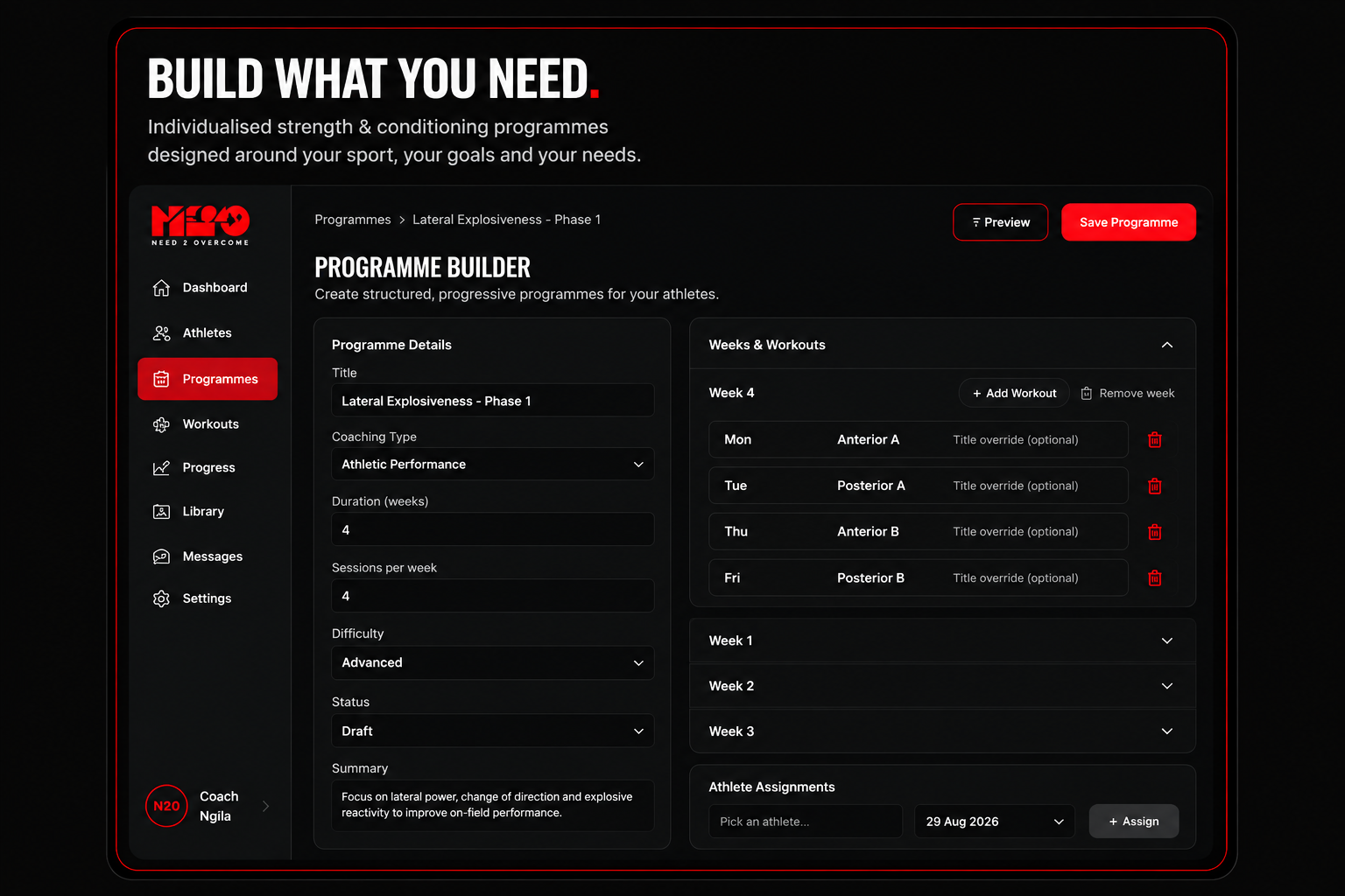 N2O Programme Builder showing a structured athlete training programme