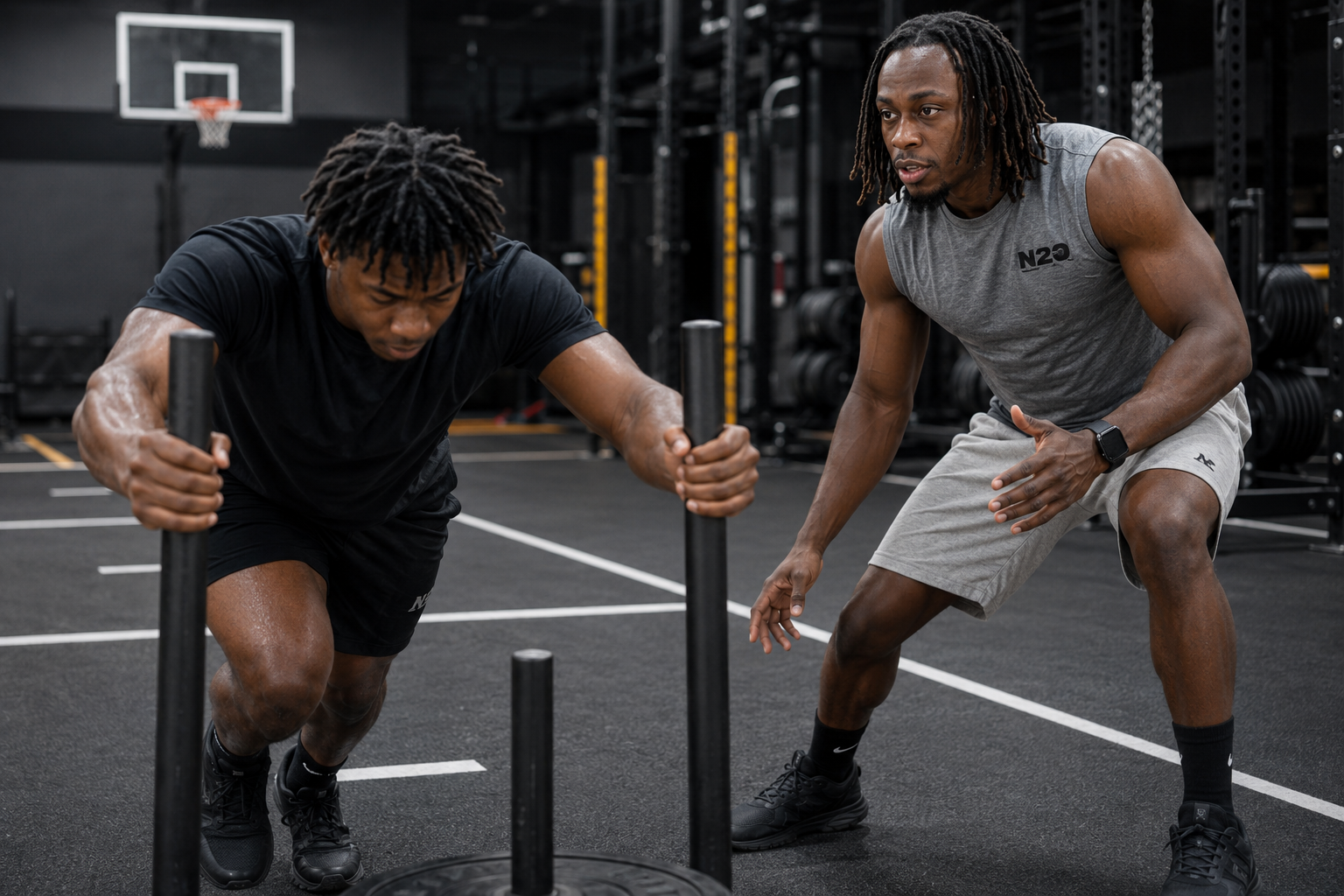Coach guiding an athlete through sled work at Need 2 Overcome